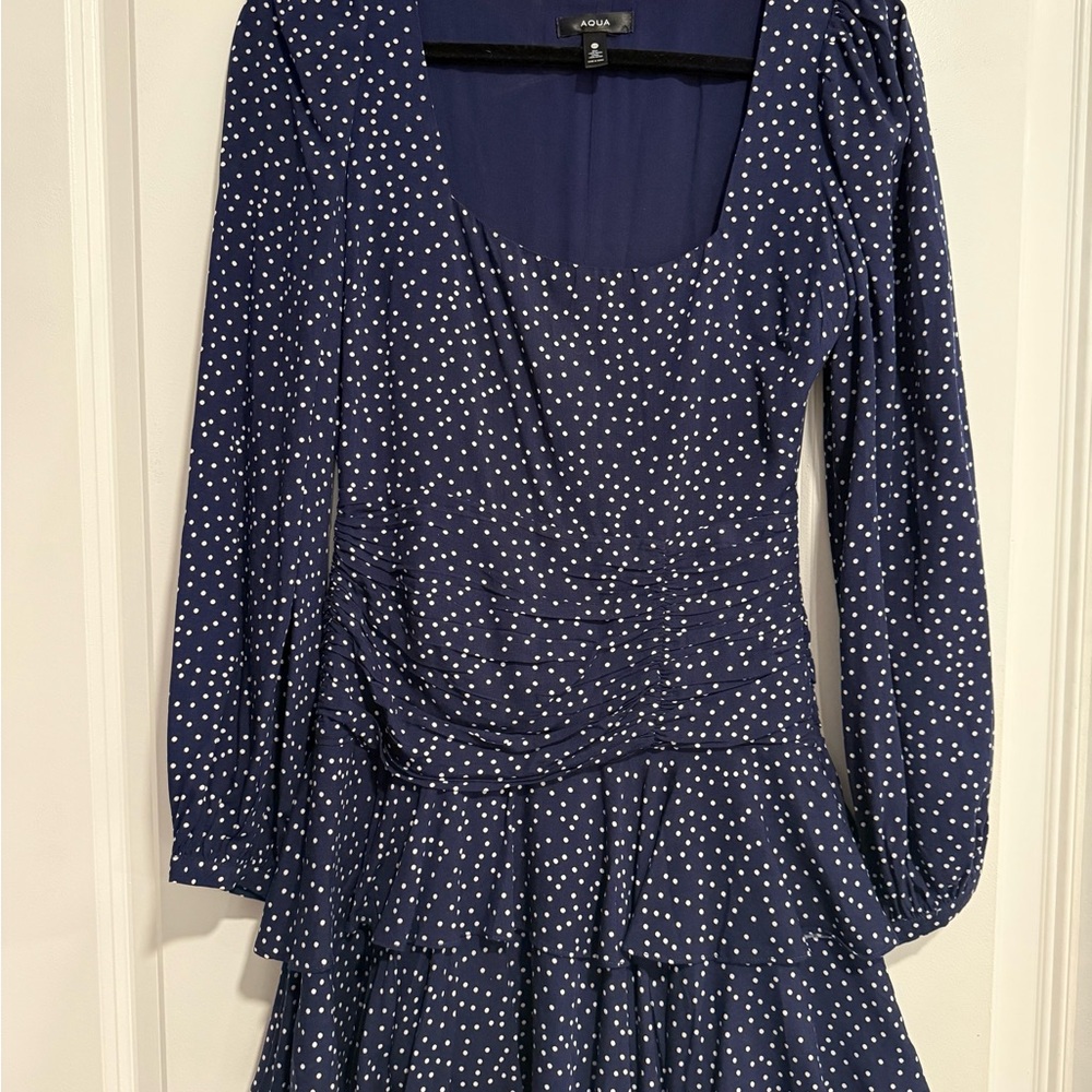 Aqua Navy Polka Dot Long Sleeve Dress